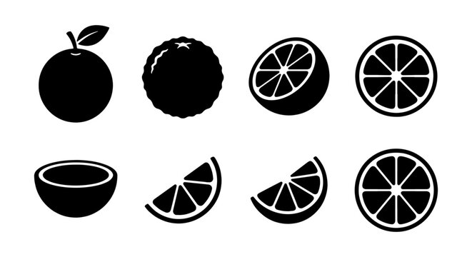 Minimalist orange fruit icon set, black citrus silhouettes in 8 vector elements, fresh orange slices and whole fruit symbols for food packaging