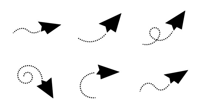 Minimalist black arrow set with dotted lines, 6 curved pointer icons for navigation, simple dashed line arrow vectors for web design and infographics