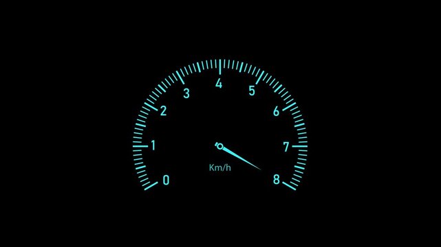 Car speedometer dashboard. Futuristic dashboard meter animation with neon arc scale, precise motion graphics, and automotive UI concept. Smooth needle movement.