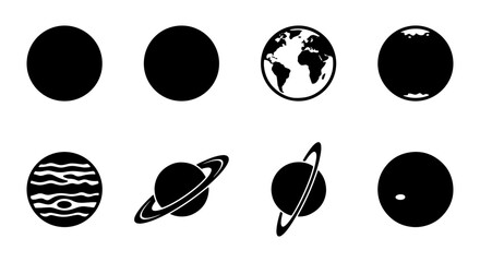 Minimalist solar system planet icons, black silhouette celestial bodies set of 8, flat vector earth and saturn symbols for astronomy and science © Ashraful