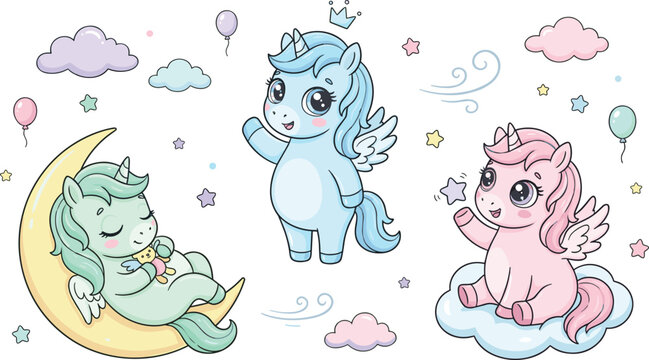 Adorable kawaii vector illustration of cute baby unicorns and pegasus characters with wings sleeping on a crescent moon and sitting on clouds for nursery fantasy themes.
