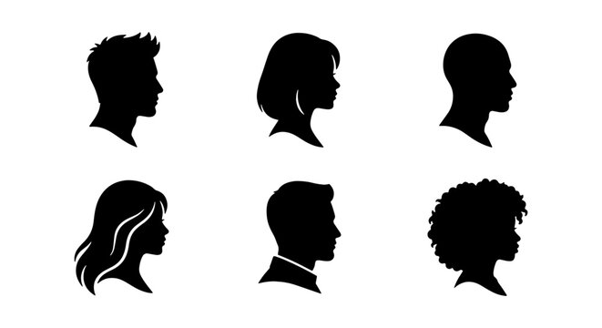 Minimalist profile silhouette set of 6 diverse people, black human head icons in side view, male and female avatar collection for social media and web design