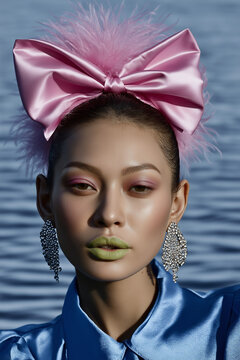 A model in a satin blue blouse wears a pink bow headpiece and crystal earrings by rippled water. Dreamy beauty portrait with playful y2k fashion energy.