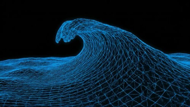 Dynamic blue wireframe wave simulation motion graphics, abstract ocean surface digital art, futuristic fluid animation background.