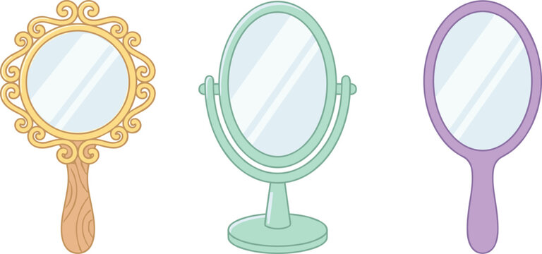 Vector illustration of three different cosmetic mirrors with decorative frames including an ornate hand mirror tabletop vanity mirror and simple oval handle mirror in flat cartoon style.
