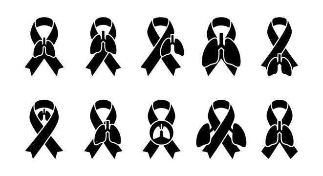 Lung cancer awareness ribbon icons, 10 black medical lung health symbols, respiratory disease support ribbons, white ribbon awareness vector set