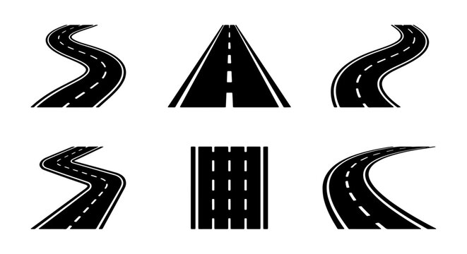 Road icons set with winding asphalt paths, curved highway perspective symbols, 6 black street vector elements for maps and navigation design