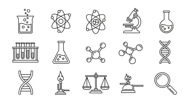 Collection of hand drawn science icons and symbols.