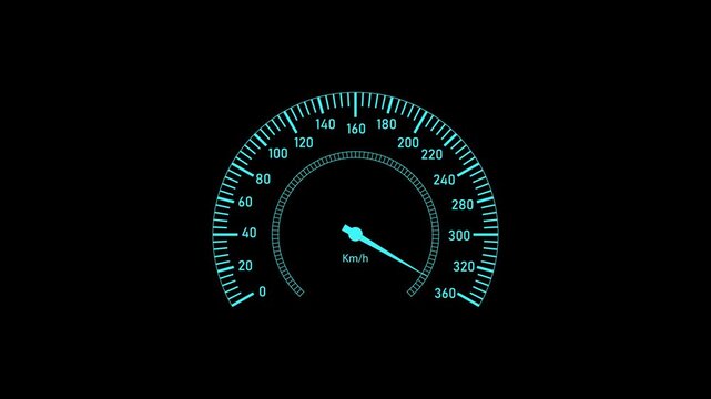 Car speedometer dashboard. Futuristic dashboard meter animation with neon arc scale, precise motion graphics, and automotive UI concept. Smooth needle movement.