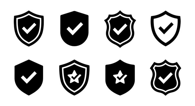 Security shield icons with checkmarks, set of 8 black vector protection symbols, verified safety and data privacy badges for web interface design