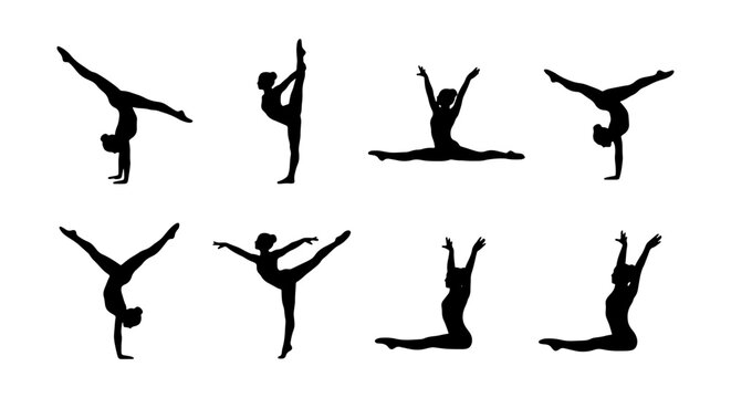 Gymnastics silhouettes collection, set of 8 female gymnast vector icons, athletic women performing handstands and splits, rhythmic gymnastics poses