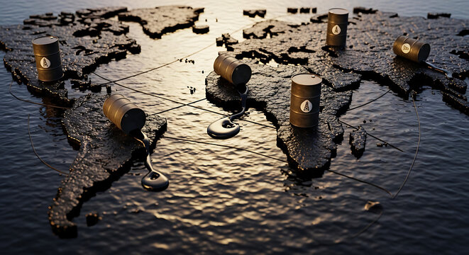 Global Crude Oil Market Background with Barrels Spilling on World Map
