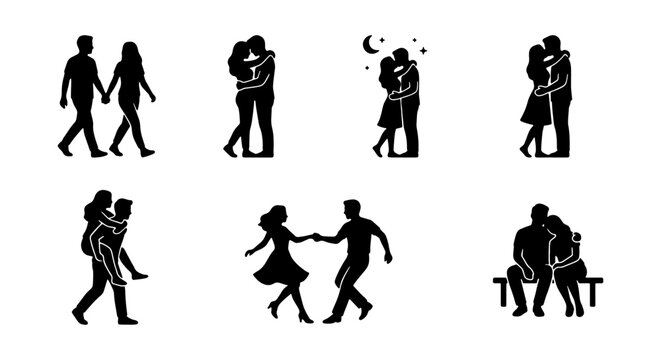 Romantic couple silhouettes set, black vector icons of lovers walking and hugging, collection of 7 romantic pairs dancing and kissing