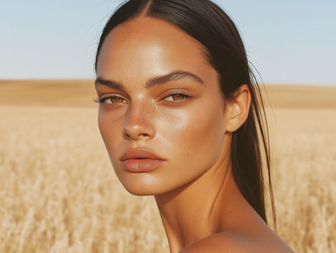 A striking female portrait in a sunlit meadow with clean makeup and glowing skin. Minimal fashion beauty concept with contemporary elegance.