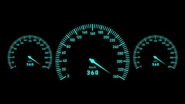 Car speedometer dashboard. Futuristic dashboard meter animation with neon arc scale, precise motion graphics, and automotive UI concept. Smooth needle movement.