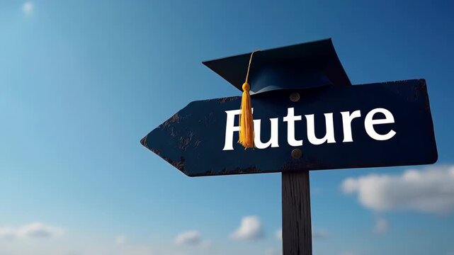 Future road sign graduation cap education direction success concept blue sky hopeful future road sign with graduation cap 
