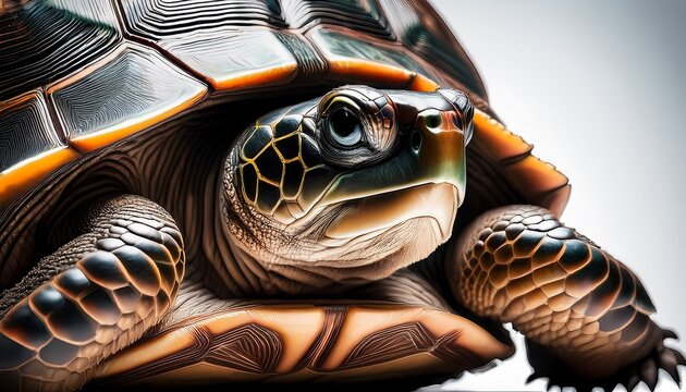 close up of a turtle peering out showcasing details of its face and shell