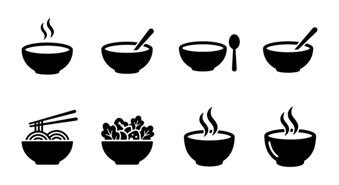 Minimalist soup bowl icon set, black silhouette food bowl vectors, collection of 8 hot meal symbols with noodles and salad for restaurant menus