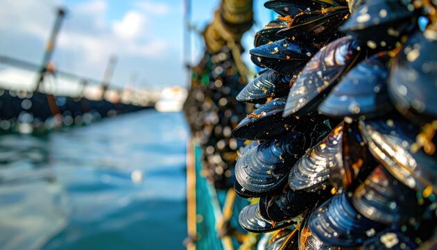Close-up of a cluster of mussels attached to a dock pilings with the ocean in the background.