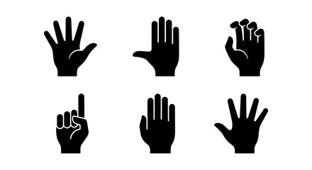 Obraz premium Black hand silhouette icons set, human hand gestures and palm symbols, collection of 6 vector hand signs for communication and interface design