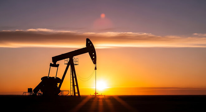 Oil pump jack silhouette at sunset representing the global energy and gas market