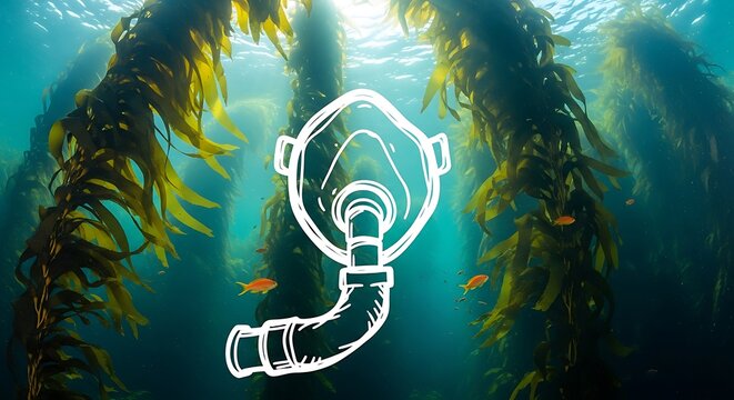 Underwater scene with oxygen mask illustration amidst seaweed forest