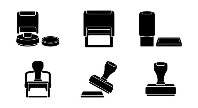 Professional rubber stamp icon set, black office stamper silhouettes, collection of 6 business seal tools for legal and administrative documentation