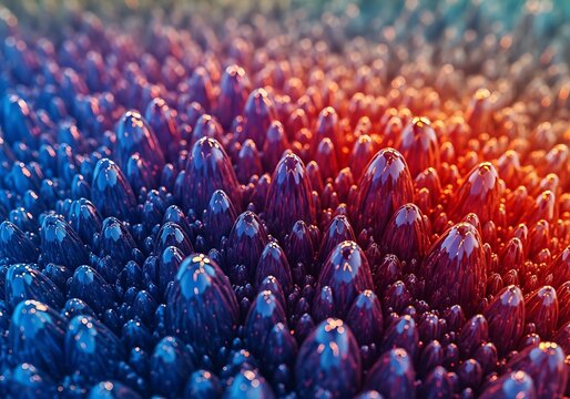 Closeup of colorful water droplets on numerous tiny conical protrusions  gradient effect