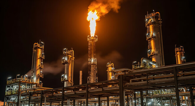 Industrial Oil and Gas Refinery with Flare at Night for Global Energy Market