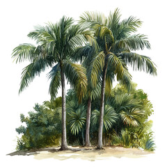 Obraz premium Tropical Palm Trees, colorful watercolor painting with bold outlines, isolated on a white background.