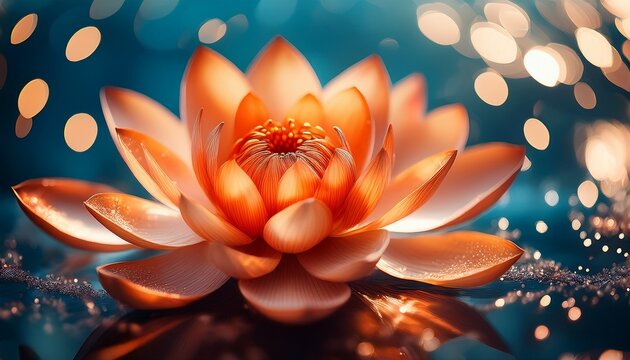 close up of a vibrant lotus flower with orange petals surrounded by bokeh floating in water