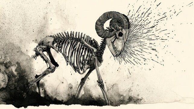 Artistic skeletal ram illustration with exploding head against textured backdrop