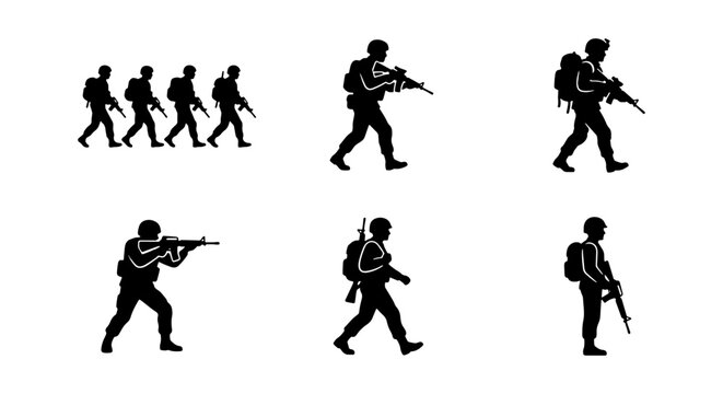 Military soldier silhouettes set, army infantry troops with rifles and gear, black vector icons of special forces in combat poses