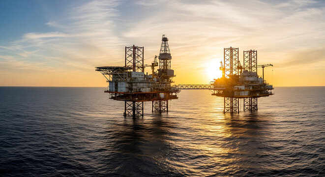 Offshore Oil Rig Platform at Sunset, Global Energy and Gas Market Background