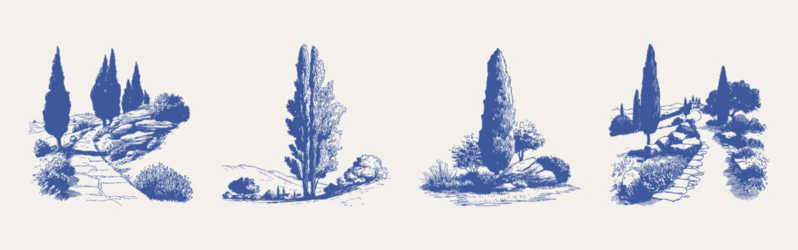 Blue cypress trees and winding path landscape sketches. Illustrations for wallpaper and fabric design, in crayon drawn pencil style with crisp textured lines and gentle shading strokes.