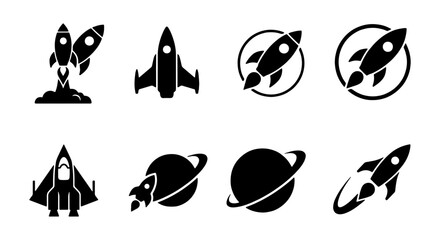 Rocket ship icon set, black space shuttle vector collection, minimalist spacecraft and planet symbols, 8 startup launch graphic elements © Mehedi