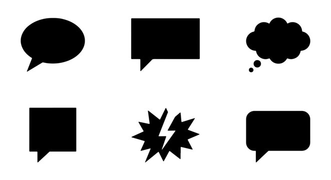 Minimalist speech bubble icons set, black silhouette chat clouds and thought bubbles, 6 vector communication elements for comic books and web design