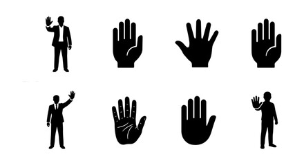 Obraz premium Minimalist stop hand gesture icons, black silhouette man waving and palm symbols, 8 vector elements for safety and warning signs