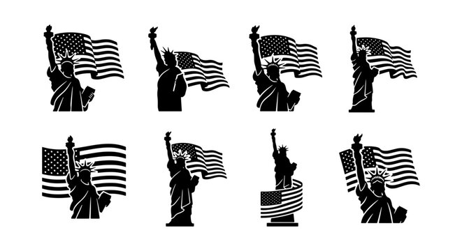 Statue of Liberty silhouette collection with American flag, 8 patriotic vector icons, black and white USA landmark symbols for Fourth of July