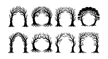 Spooky tree archway silhouettes, set of 8 gothic forest gate vectors, creepy dead branch frames for halloween design, black wood entrance icons © Jebun