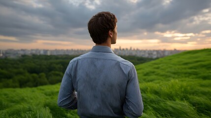 Naklejka premium A man stands on a grassy hill at dusk overlooking a sprawling city skyline under a dramatic cloudy sky