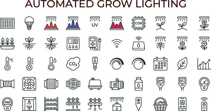 Automated grow lighting outline icon set featuring greenhouse sensor ultraviolet spectrum monitoring vector collection for dashboards interfaces agriculture smart farming systems