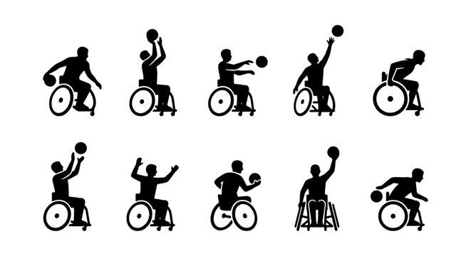 Wheelchair basketball athlete silhouettes, 10 icons of para sports players in action, disabled basketball competition vector set for inclusive design