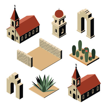 A set of isometric illustrations of a church and desert landscape