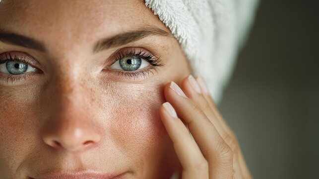 Woman wears towel on head after bath woman unwinds head wrapped in soft white towel