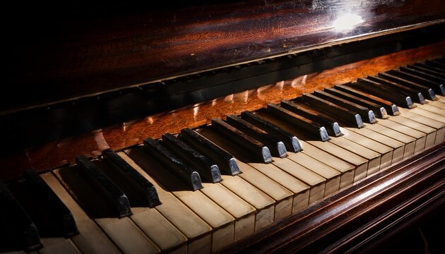 close up of aged piano its keys and wooden surface in dim lit interior