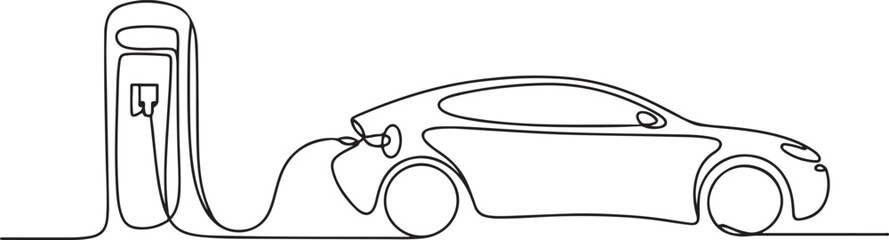 Fototapeta premium Continuous one line drawing of Electric car at charging stations. Single line drawing illustration of Electric car.one line vector illustration on white background