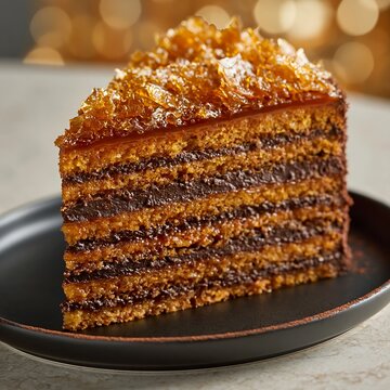 Slice of Dobos torte cake with chocolate layers and caramel topping