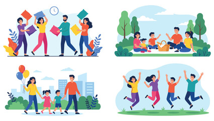 Fototapeta premium Happy family enjoying various outdoor activities and playing together in beautiful park.