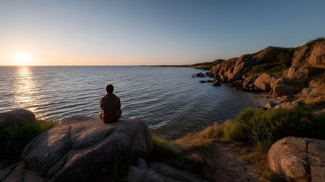 A solitary figure contemplates the vast ocean and golden horizon from a rocky coastal vantage point
